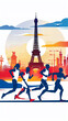  illustration in cartoon or icon style hand hold olympic torch Olympics in france paris with eiffel tower in background 