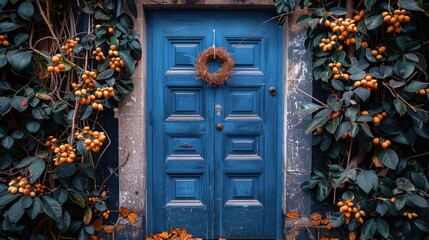 Poster -   A blue door adorned with a wreath of green leaves and orange berries