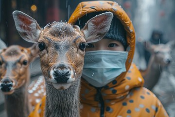 Wall Mural - A health worker in a protective mask tries to see H5N6 deer viruses on deer in a street farm, Chinese photography style, photorealistic photography, real photos, high definition details, full body