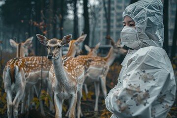 Wall Mural - A health worker in a protective mask tries to see H5N6 deer viruses on deer in a street farm, Chinese photography style, photorealistic photography, real photos, high definition details, full body 