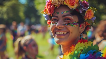 Wall Mural - A detailed portrait in HDR of a smiling person wearing a crown of flowers in rainbow colors, with a soft-focus background of a green park during a Pride festival