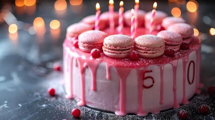 Sticker -   A tight shot of a cake adorned with candles and frosting atop a table Red and white sprinkles decorate the scene