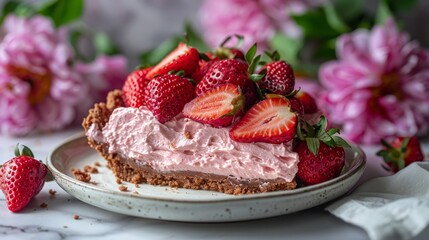 Wall Mural -   A white plate holds a slice of cake, its surface adorned with whipped cream and arranged slices of strawberries