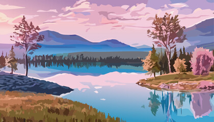 Wall Mural - Beautiful landscape with lake and mountains