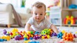 © AriyaniAI - Adorable baby boy playing with stacking building blocks at home while sitting on carpet in living room.