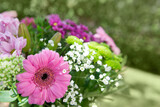 Fototapeta Dmuchawce - Colorful mixed flowers bouquet isolated on blur green background.