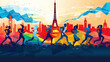  illustration in cartoon or icon style hand hold olympic torch Olympics in france paris with eiffel tower in background 
