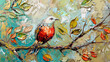 Colorful bird on a tree branch. Oil painting on canvas. Ai generative.