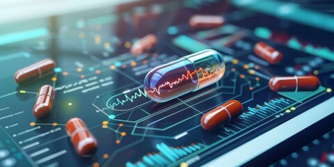 Leinwandbilder - A Detailed Visualization of Medicine and Health Data, Featuring Futuristic Capsules, Digital Dashboards, and Scientific Analytics in a Holographic Display, Generative AI