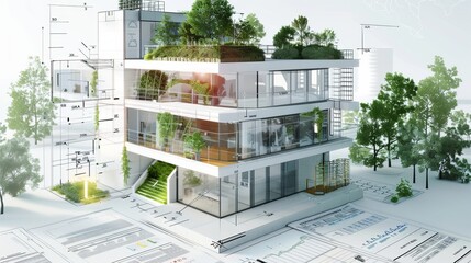 A 3D rendering of a sustainable building architecture model, displayed alongside detailed blueprints