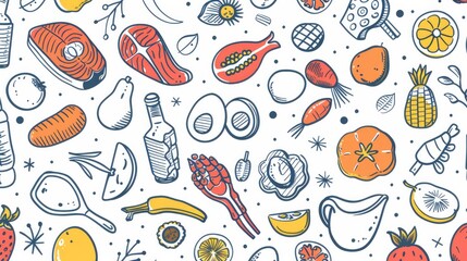 Charming seamless pattern featuring line icons of farmer's market staples such as fruits, vegetables, honey, eggs, meat, and fish.

