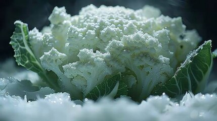 Sticker -   A tight shot of a cauliflower head's textured surface, adorned with water droplets clinging to its leafy edges