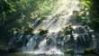A majestic waterfall cascading over moss-covered rocks, surrounded by lush green tropical foliage, with sunlight filtering through the trees