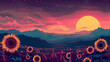 psychedelic style illustration of sunrise in the mountains and sunflower fields