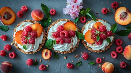 Wall Mural -   A table is laden with two tarted dishes, each generously topped with whipped cream and adorned with fresh raspberries and peaches