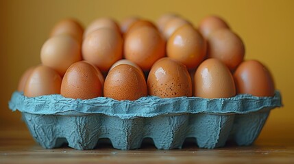 Poster -   A carton of brown eggs in a blue shell sits atop a weathered wooden table Behind it, a yellow wall forms the backdrop