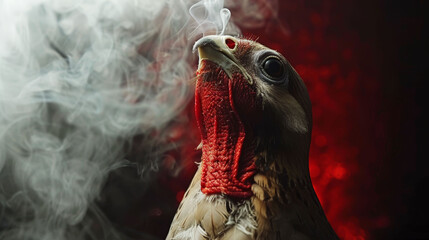 Canvas Print -   A tight shot of a chicken with smoke escaping its beak and a red scarf encircling its neck