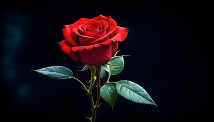 Wall Mural - Single deep scarlet red rose macro close-up on dark black background