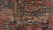A textured surface of a weathered brick wall with deep red bricks and significant historical wear, in a historical district.