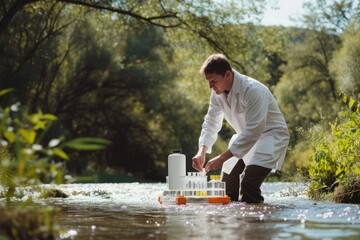 Wall Mural - A man, wearing a lab coat, collects water from a river, amidst a beautiful natural landscape with happy people, trees, grass, and a serene lake. AIG41