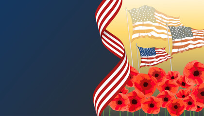 Wall Mural - american flag and poppy flowers, USA patriotic banner, background, web, greeting card, poster, holiday cover, label, flyer, layout. Patriotic Social media print for presentation, information