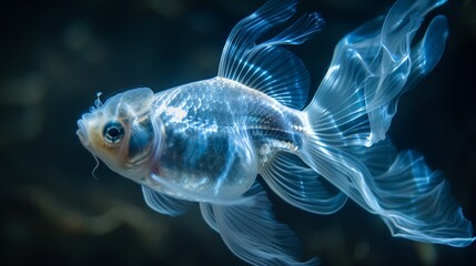 a fish with a long tail swimming in a tank with water and bubbles in it's mouth, with a black background..