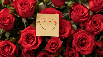 Wall Mural - Smiley face on small paper card note message in the bouquet of red roses. Romantic love holiday gift, anniversary or birthday present, surprise