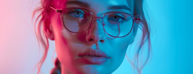 Wall Mural - a woman wearing glasses with a blue light on her face