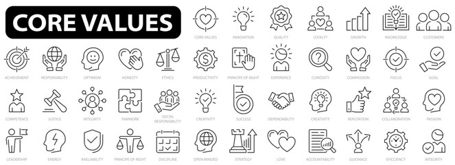 core values simple icon set. goals and target related vector line icons. vector images with editable