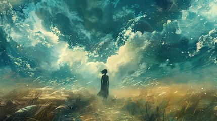 Wall Mural - a person standing in a field with a sky background