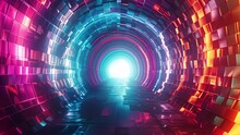 Abstract Futuristic Tunnel With Colorful Glowing Lights And Mosaic Walls. Animation With Zoom Effect. High Quality 4k Footage