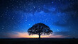 star-filled sky over a tranquil countryside, with a lone tree silhouetted against the night