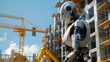 An AI construction robot at a building site, operating heavy machinery with precision, against a backdrop of a partially completed building and blue sky.