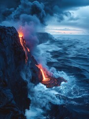 Wall Mural - Fiery lava snakes down a rugged coastline.