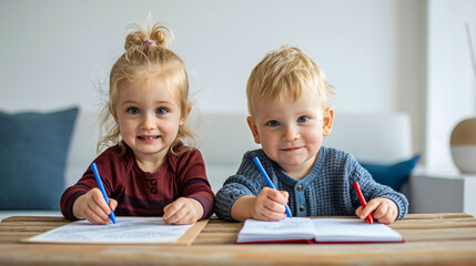 Brother and sister learning together, two children, toddler boy and girl holding pens, writing or drawing on paper on the table. Kindergarten pupil student education, nursery daycare kids