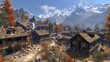   A screenshot of a village nestled amongst mountains, with snow-capped peaks in the background
