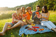 © maxbelchenko - Group of friends having fun eating watermelon on the picnic outdoors. Foods, travel, nature and vacations concept