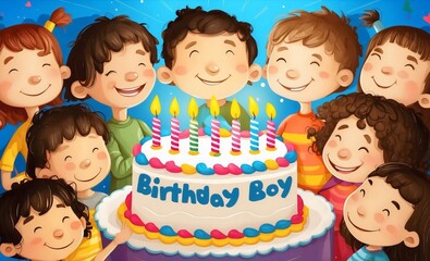Poster - A joyful young kids celebrating special day with big smile on their faces, in front big colorful cake and the words 