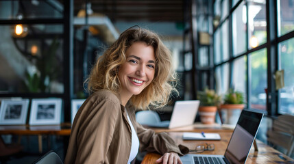 Smiling businesswoman communicating with colleague while working on laptop in office.