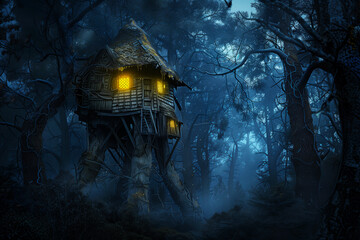 Wall Mural - Creepy Witch Hut in Dark Forest at Night