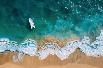 Canvas Print - aerial view of wave and boat on sandy beach beautiful natural summer background