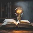 Bright light bulb on the open book for smart idea learning concept