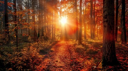 Canvas Print - Sunlight filtering through trees on forest path