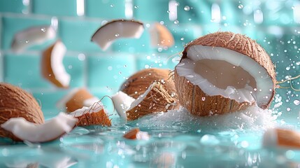 Poster -   A group of coconuts fall into a pool of water, creating a large splash Milk caps the surface