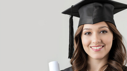 Wall Mural - A young woman in a black graduation cap with a tassel holds a rolled diploma, smiling confidently against a plain background, representing achievement and success.