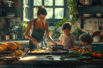 Wall Mural - A single parent preparing dinner with their children in a cozy kitchen, showcasing the bond and warmth of a nurturing family environment. A woman and two children sharing a kitchen, cooking food