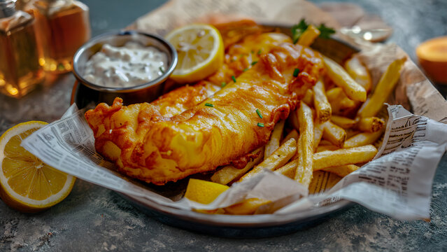 classic british fish and chips, traditional english pub food served in a basket on newspaper on the 