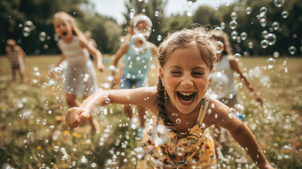 A group of children happily playing and chasing bubbles in a grassy field on a sunny day