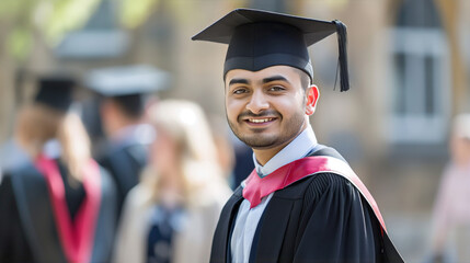 Canvas Print - A young man of South Asian descent, with a beard and a friendly smile, wears a black graduation cap, gown, and a red sash, standing outdoors with blurred people in the background