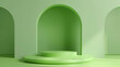 Simple green podium in a room with curved alcoves for displaying products